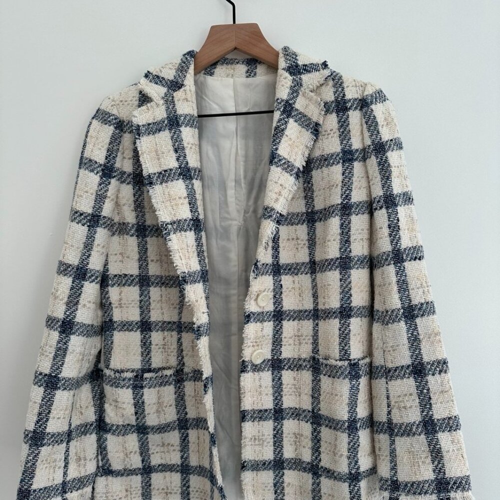Rebecca Taylor Womens Plaid Tweed White and Blue Blazer US 2 | XS